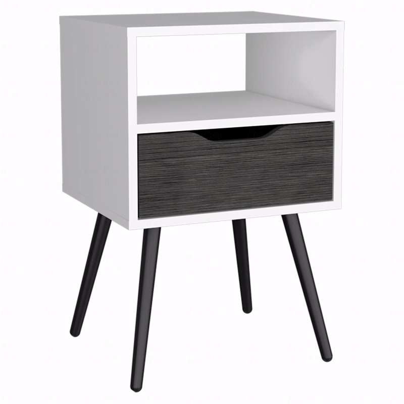 Otom Nightstand, Superior Top, One Open Shelf, One Drawer, Four Legs -Smokey Oak / In White