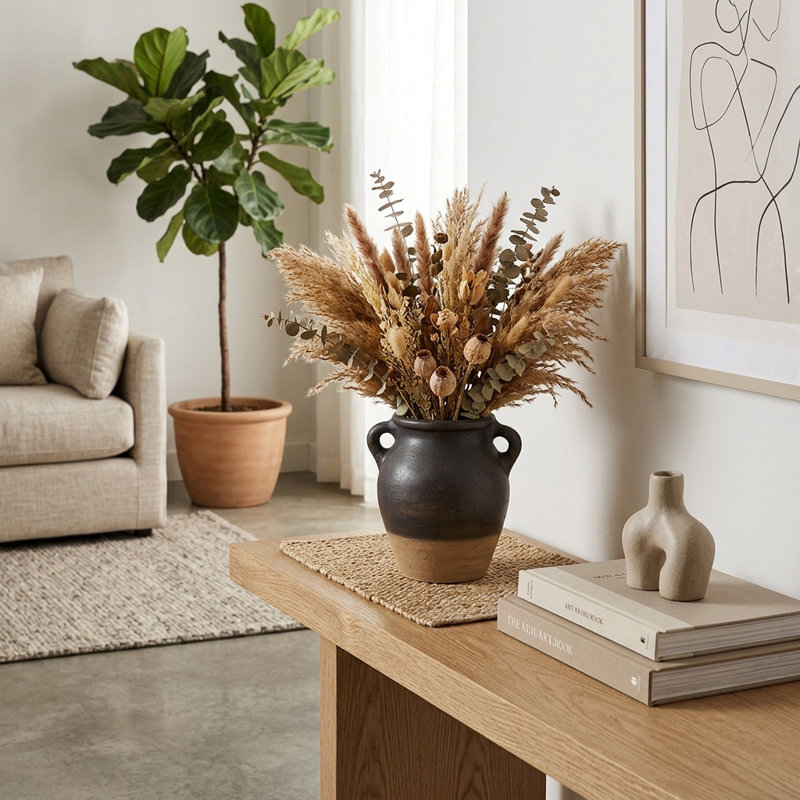 Vase de table rustique en terre cuite avec poignées, idéal pour la décoration intérieure - Grand vase amphore artistique pour le salon, le bureau ou l'entrée