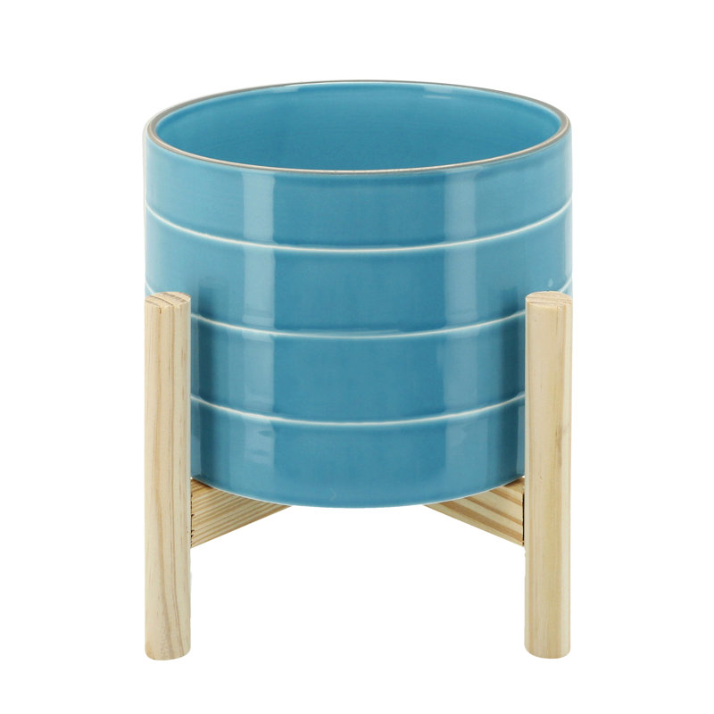 Jardinière rayée 8 po avec support en bois, bleu ciel