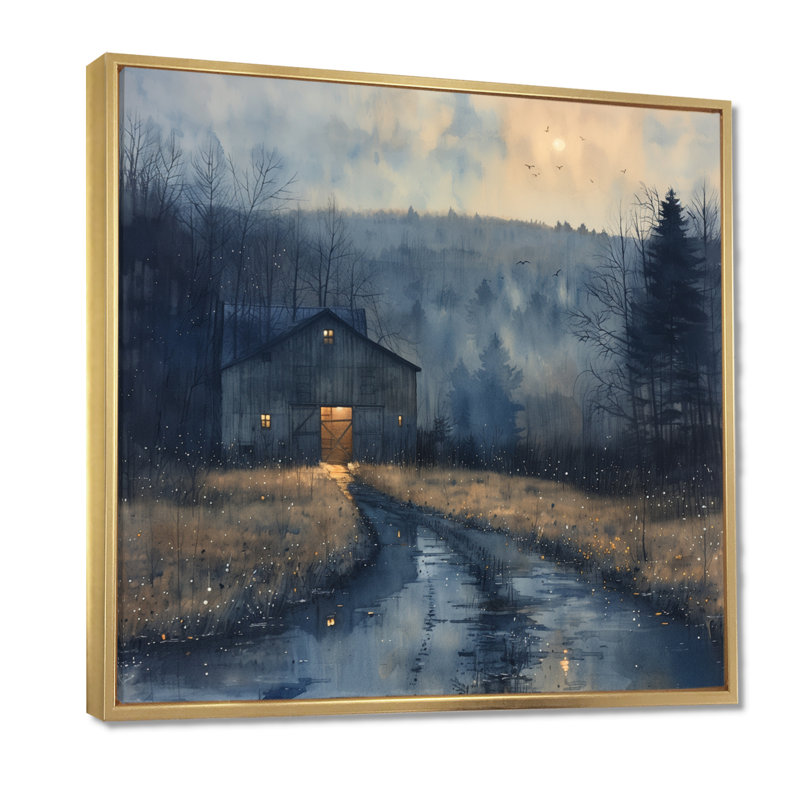 «Winter Blue Barn Fading Light I», reproduction d'art murale grange, Toile avec cadre flottant or, H 30 po x l 30 po x P 1 po