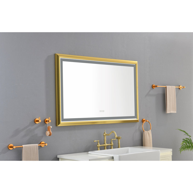 48" X 30" Led Bathroom Mirror With Aluminum Frame, Fog, 3 Colour Temperatures, Stepless Dimming, Clear View, Construction, Brushed Gold Wall Mounted Reflection, ,