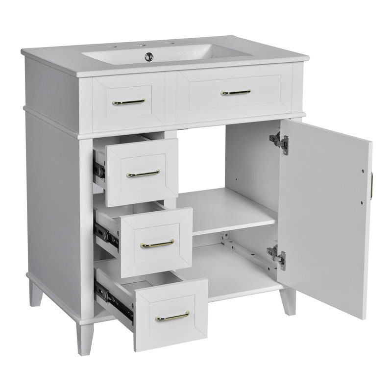 Wood Frame Bathroom Vanity With Ceramic Sink And Storage, White