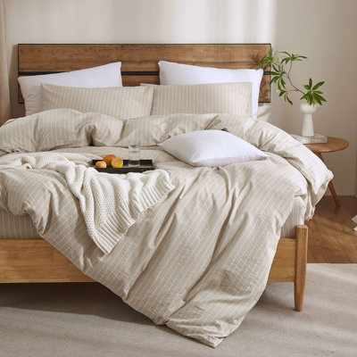 XINMIANFANG Striped Duvet Cover Set 3 Piece 100% Washed Cotton Linen Feel Beige Vertical Stripe Bedding Set Comfy Breathable