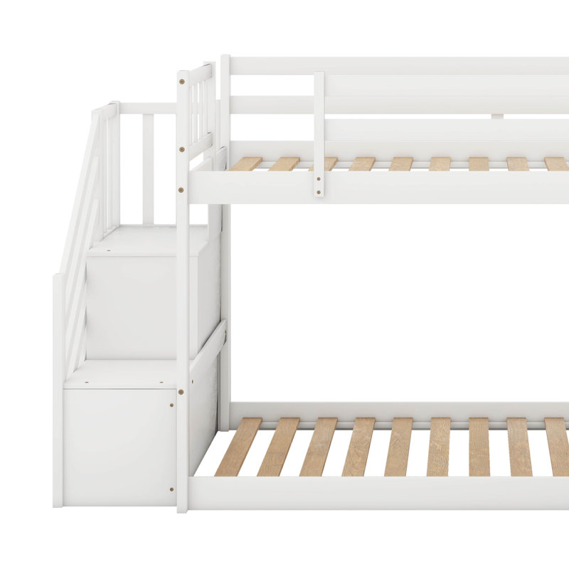 Lit superposé simple au-dessus de simple avec glissière convertible et escalier, Blanc