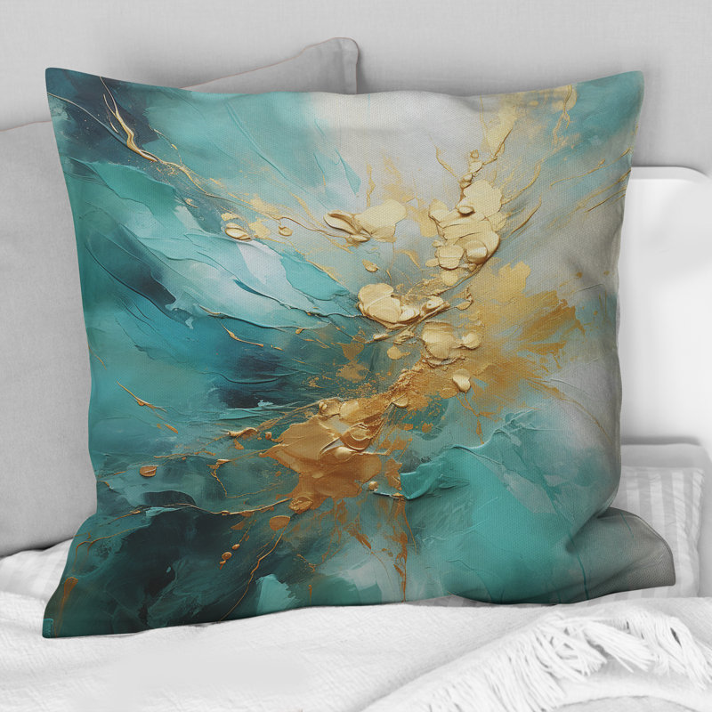 Coussin décoratif doré et sarcelle Aurora Harmony II - Abstract Spirals, 16" x 16"