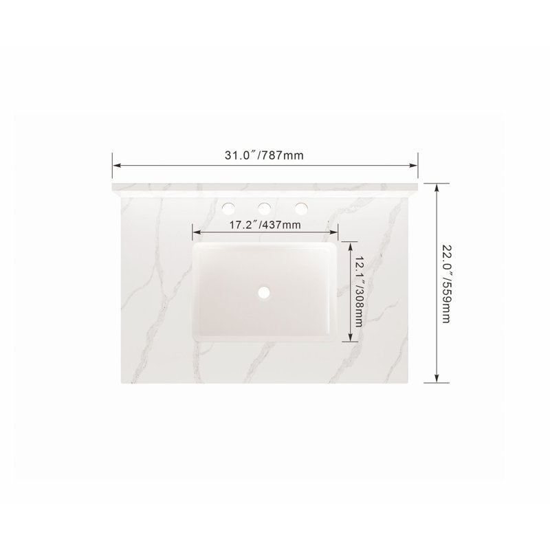 Plateau de meuble-lavabo simple 31 po avec lavabo en quartz 31 po, Blanc Calacatta
