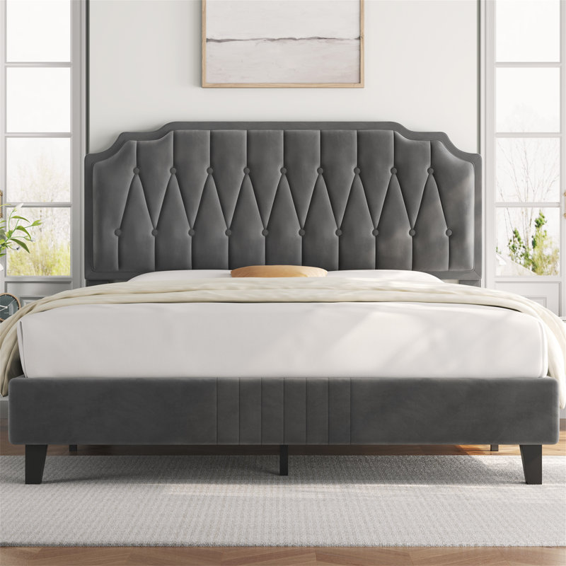 Upholstered Bed Frame with with Diamond Button-Tufted Headboard, Double (4'6), Dark Grey