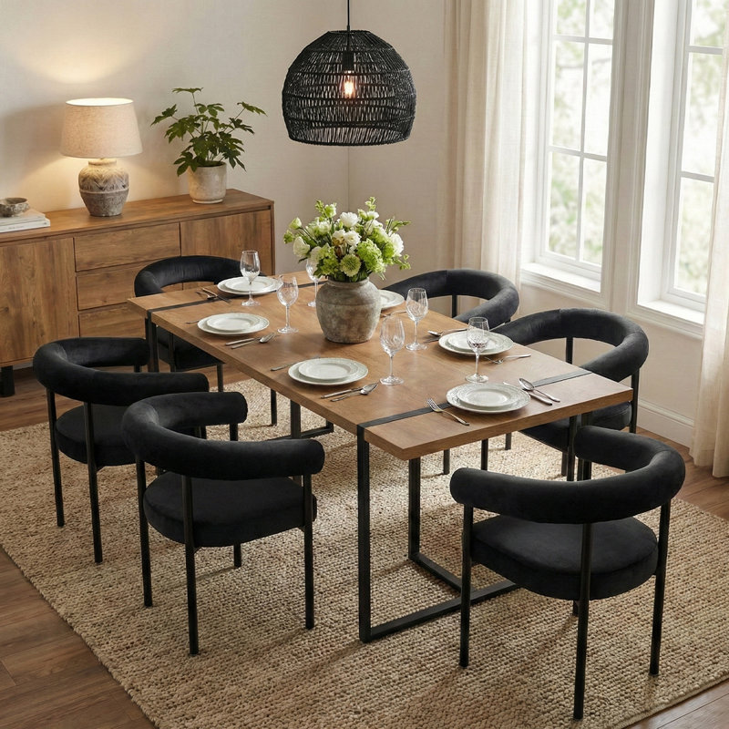 Ensemble de table de salle à manger 7 pièces avec chaises rembourrées en velours, Black