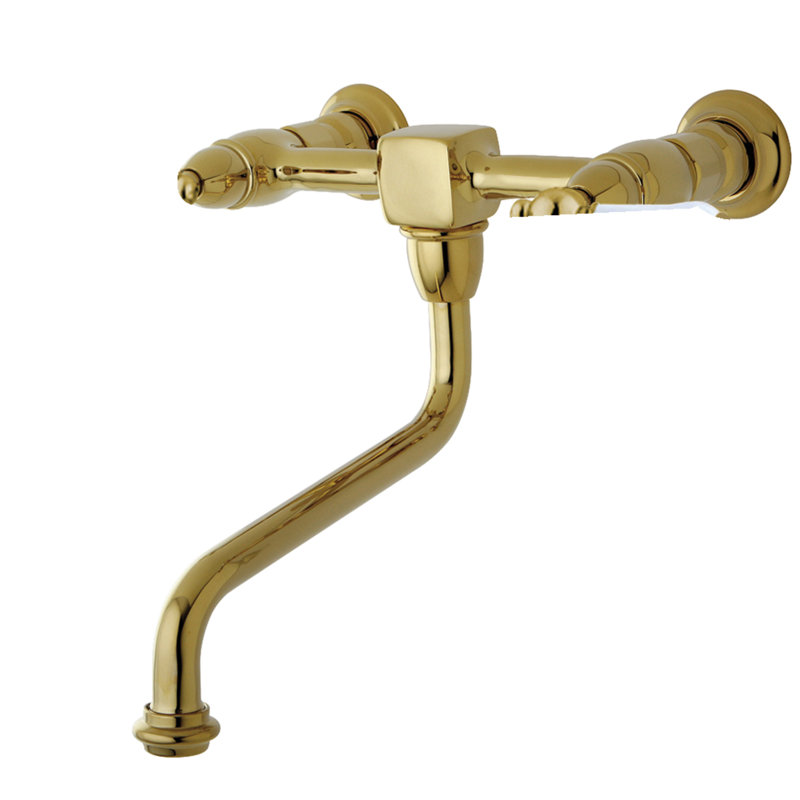 Kingston Brass Heritage Two-Handle 2-Hole Wall Mount Bathroom Faucet, Polished Brass/White
