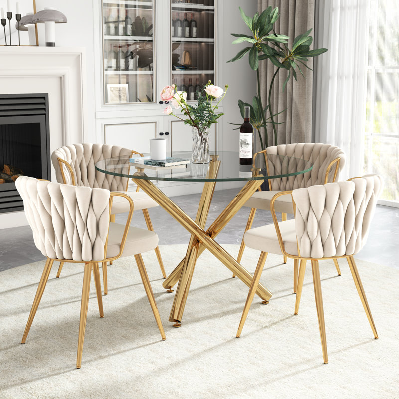 Ensemble de table de salle à manger Elegant, Beige, 5 pièces: table, 4 chaises, Doré
