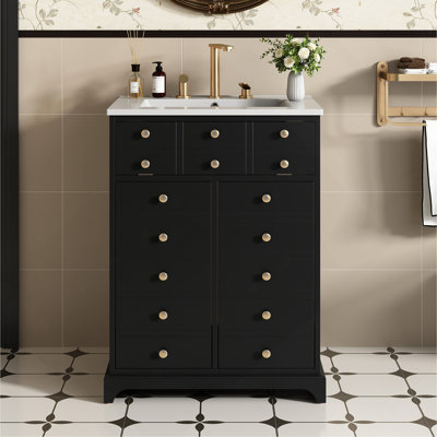 Meuble-lavabo de 24 po avec tiroir et deux portes à fermeture douce, armoire de rangement peinte moderne avec lavabo en céramique, meuble-lavabo simple élégant pour les petits espaces