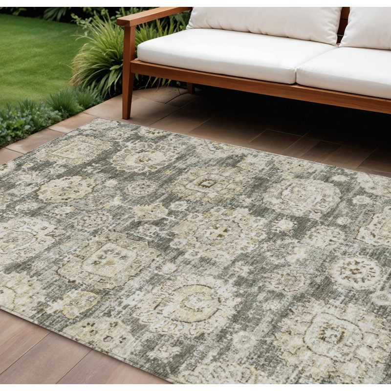 Tapis extérieur lavable floral beige et gris taupe 10 pi x 14 pi