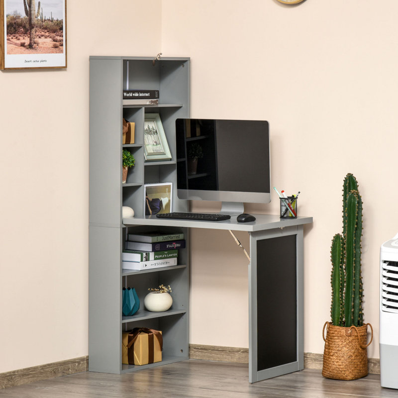 Fold-Out Convertible Writing Table Wall Mount Desk Cabinet With Blackboard And Side Shelf Multi-Function Home Office Workstation, Grey