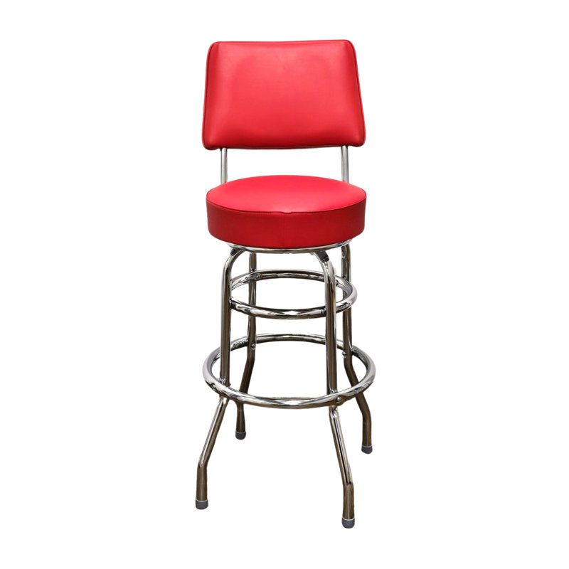 Retro Home Double Ring Upholstered Swivel Bar Stool with Back, Red