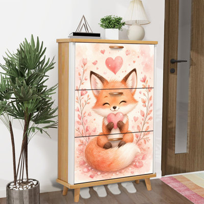 Shoe Storage Cabinet with 3 Flip Drawers for Cute Fox Holding Heart Amid Floral Pink Shoe Rack Storage Organizer
