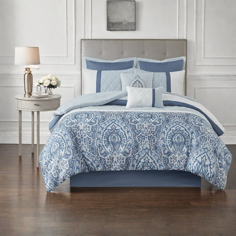 Ensembles de literie de luxe pour très grand lit, polyester damassé matelassé bleu