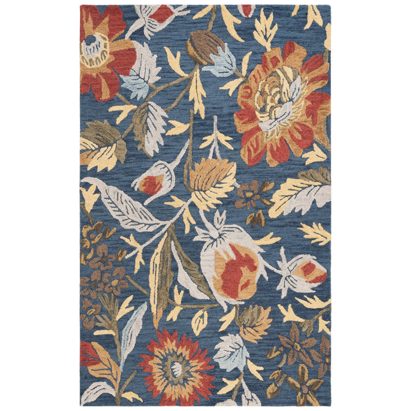 Marilyn Hand Tufted Wool Cotton Floral Rug in Navy Blue/Red, Rectangle 8' x 10'