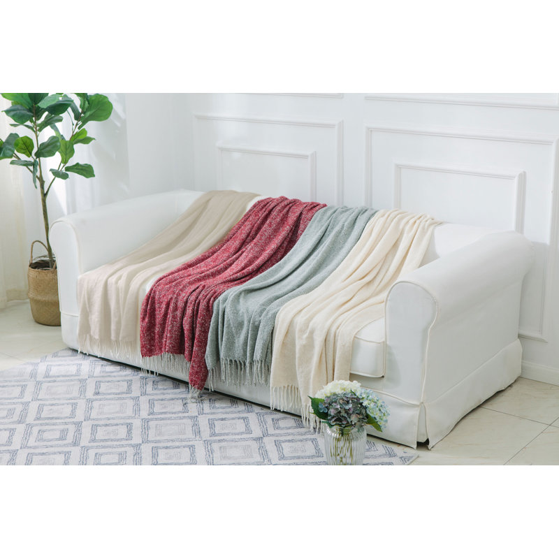 Ultra Soft Gray Wool Knitted Throw Blanket with Fringe