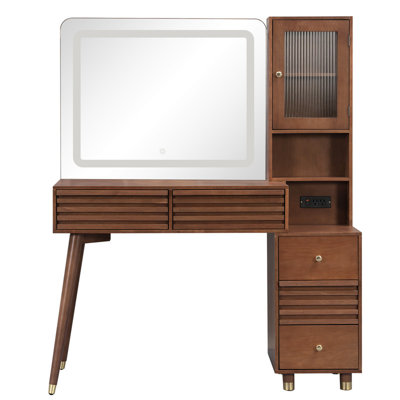 45.9'' Makeup Vanity Desk with Mirror and Lights, Vanity Table with 5 Drawers and Rubber Wood Legs,, Dressing Table with Fluted Glass Storage Cabinet and Power Outlet,Espresso