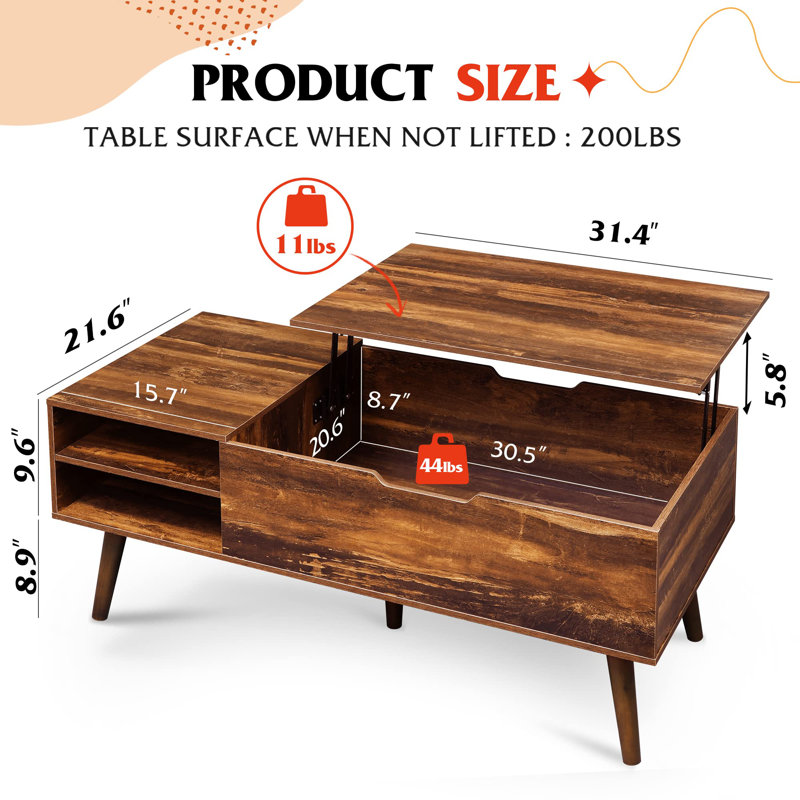 Table basse avec rangement, table basse à plateau relevable pour le salon, grande table basse de l 48 pi