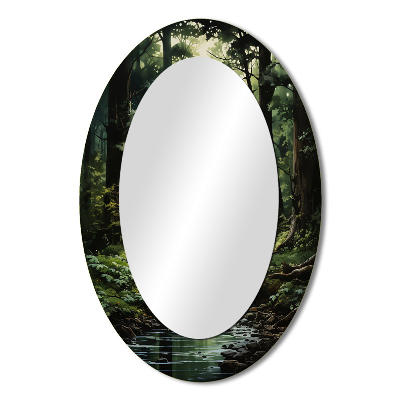 River Into Enchanted Woods I - Large Oval Wall Mirror On Metal, 36" x 24"
