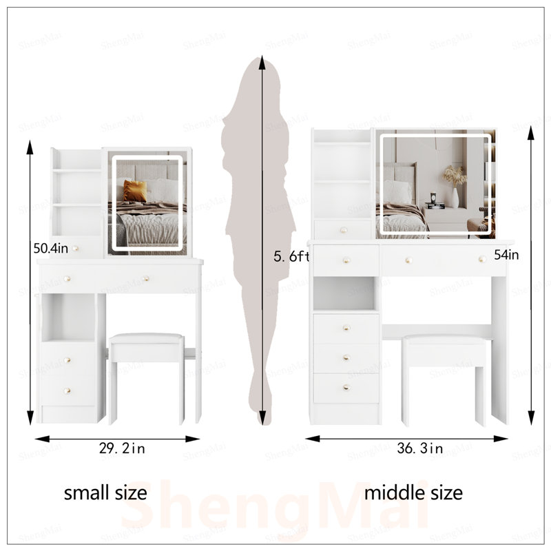 Table de coiffeuse compacte à tiroir gauche avec miroir à DEL tactile et tabouret rembourré, idéale pour les petits espaces et un rangement efficace
