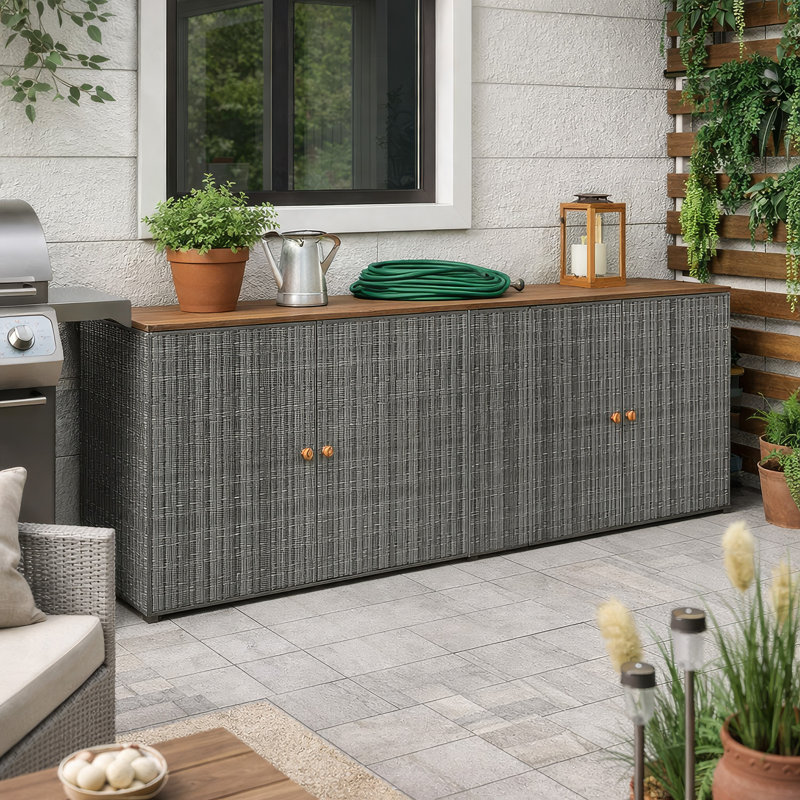 Outdoor Storage Cabinet, 78 Inch Gray Poly Rattan And Brown Solid Wood