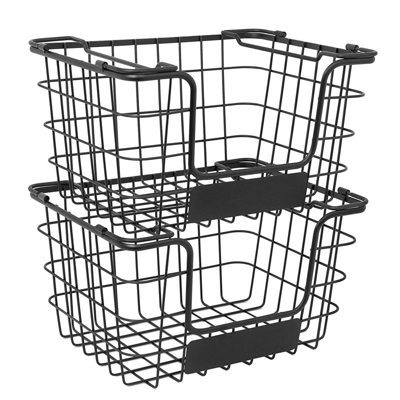 Black Steel Rectangular Stacking Wire Market Baskets with Chalk Label - Set of 2