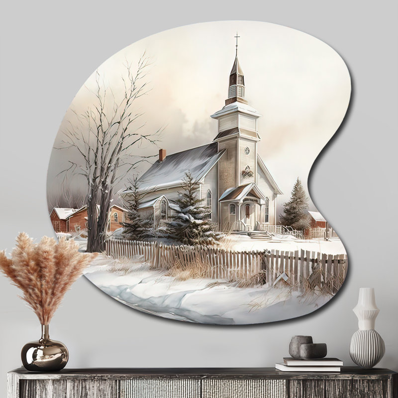 Église en campagne pendant l'hiver IV - paysage mural décoratif en forme de goutte d'eau, H 33 po x l 33 po