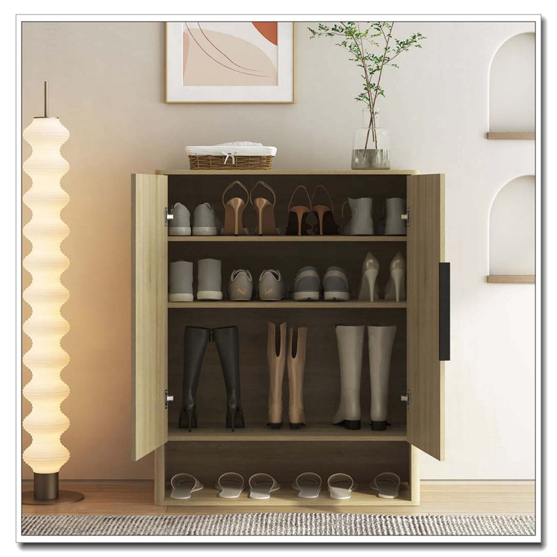 Armoire à chaussures en bois avec tablettes et portes réglables, Naturel