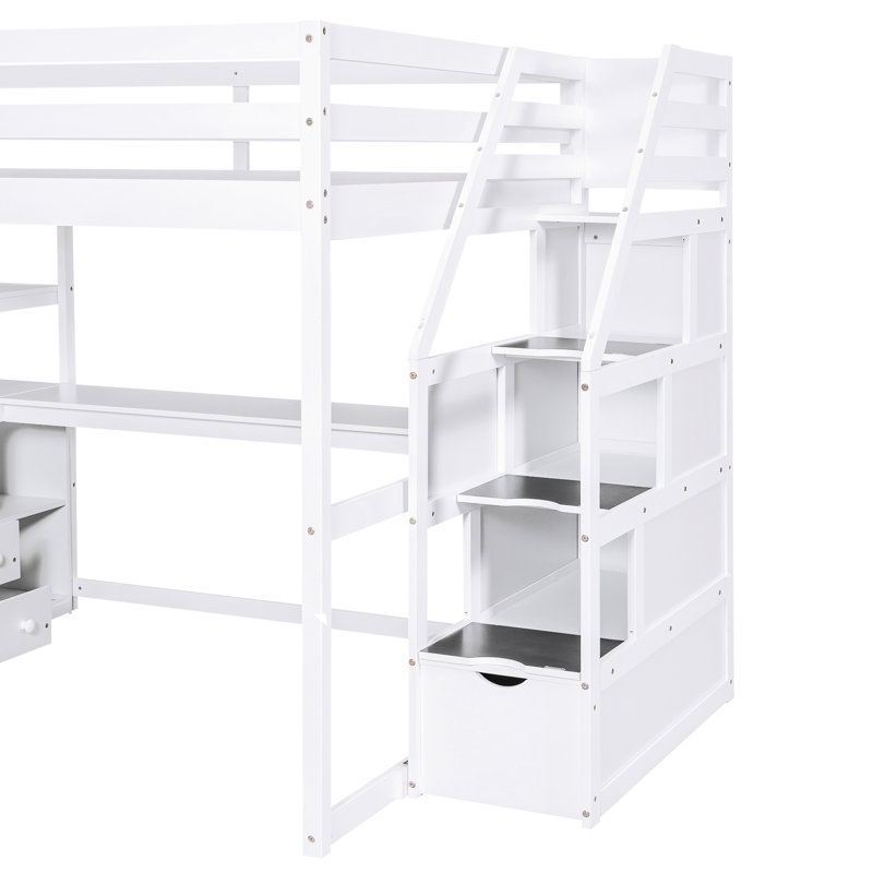 Lit mezzanine double avec bureau, tablettes et percées de rangement - Compléments blancs, Lit double, Blanc