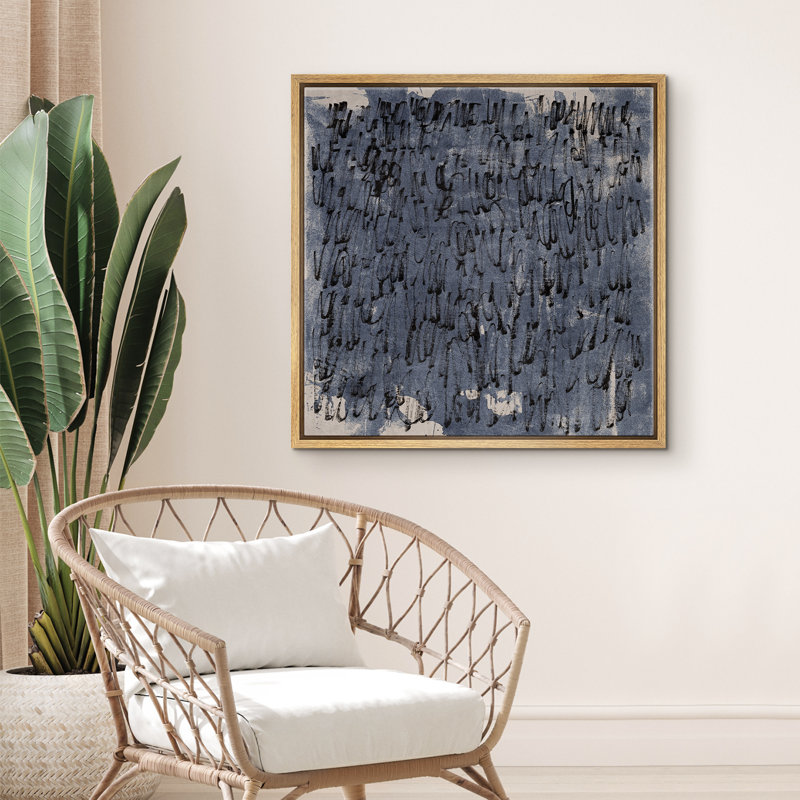 Abstract Black Paint Strokes Blue Background Framed Bedroom Wall Decorations Canvas Print, Natural, 24" H x 24" W