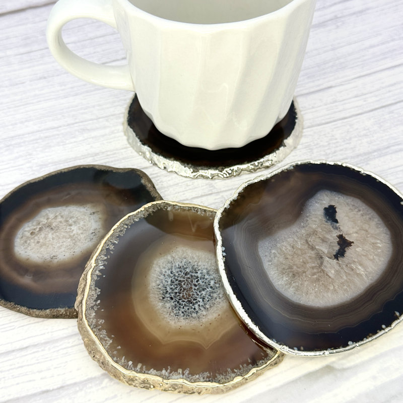 Sous-verres en agate noire naturelle, accessoires de cuisine, Noir/naturel