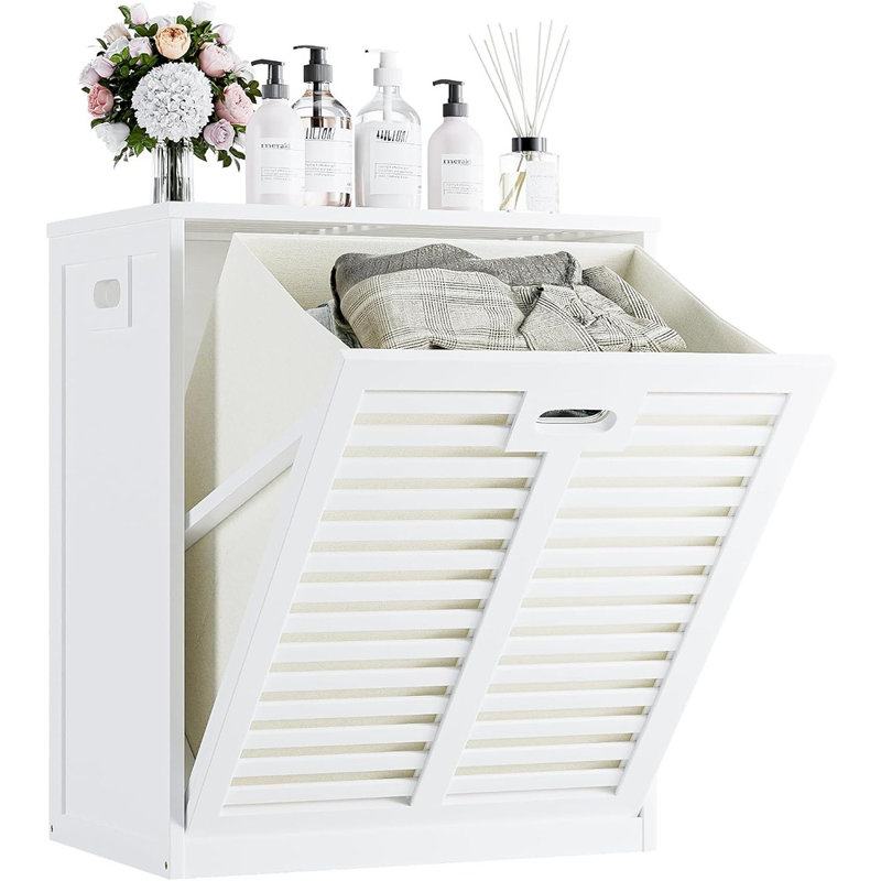 Armoire à linge basculante avec panier dissimulé et étagère de rangement, meuble de rangement autoportant en bambou, blanc