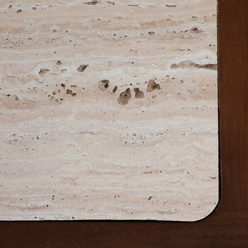 Modern Mango Wood & Travertine Console Table With Open Shelf And Sleek Curved Design