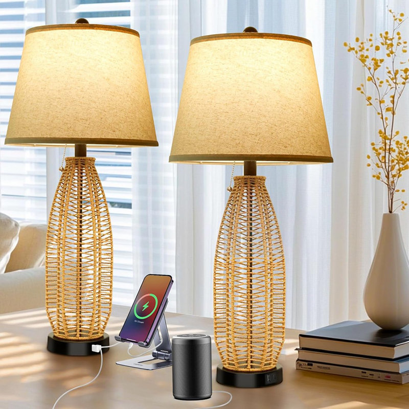 Ensemble de 2 lampes de table 27 po Boho: Lampe de table en rotin avec port USB A + C ...