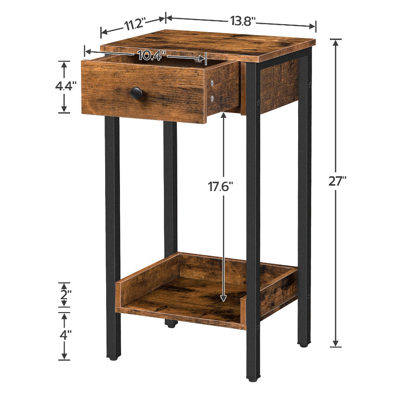 Crellin 27" Tall Iron Nightstand with Storage, Rustic Brown/Black