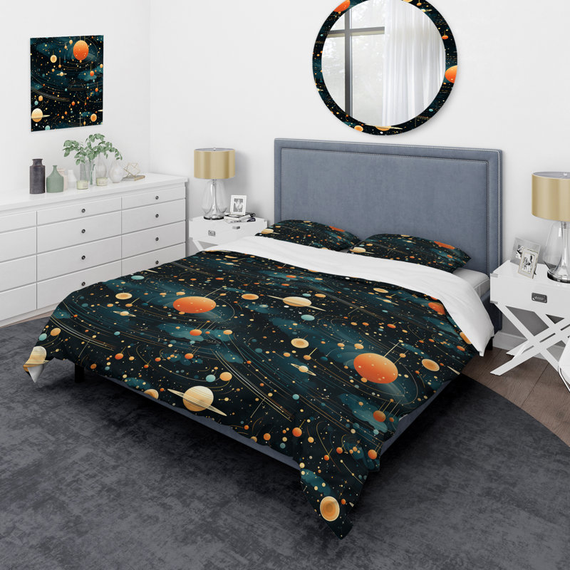 Ensemble de housse de couette orange et bleu Science Fiction Spots, Housse de couette simple + 1 taie décorative stan