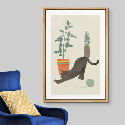 Chat noir rétro avec plantes, formes d'animaux, style Mid-Century, minimaliste, chic et coloré