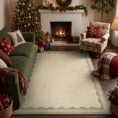 Tapis lavable antidérapant à bordure ondulée rétro Taupe pour le salon, la chambre à coucher ou le bureau