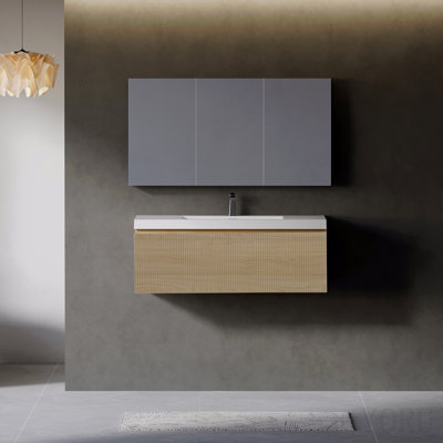 42'' Floating Bathroom Vanity With Sink Wall-Mounted Striped Bathroom Storage Cabinet With Soft-Close Drawer Glossy White Solid Surface Basin, Fully Assembled Natural Oak
