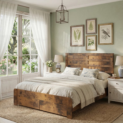 Farmhouse Full-Size Platform Bed Frame With 2 Drawers