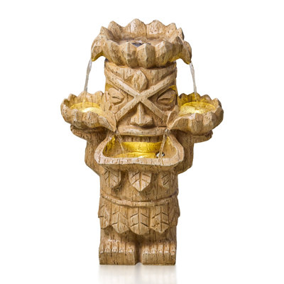 Island Spirit Polynesian Fountain with LED Lights – Handcrafted Resin Statue Water Feature for Outdoor Garden or Courtyard