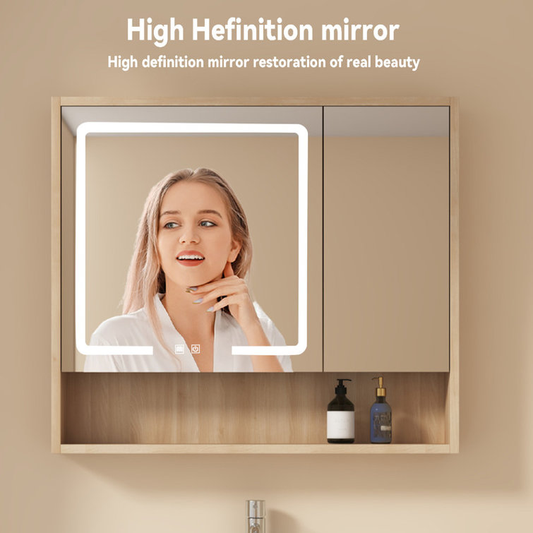 Medicine Cabinet Mirror with Led Light 32" W x 28" H Lighted Vanity Mirror Wall Mounted Bathroom Storage Cabinet,Defog,Stepless Dimming,Medicine Cabinet with Lights 3-Colour Temper Chang,GreyWalnut