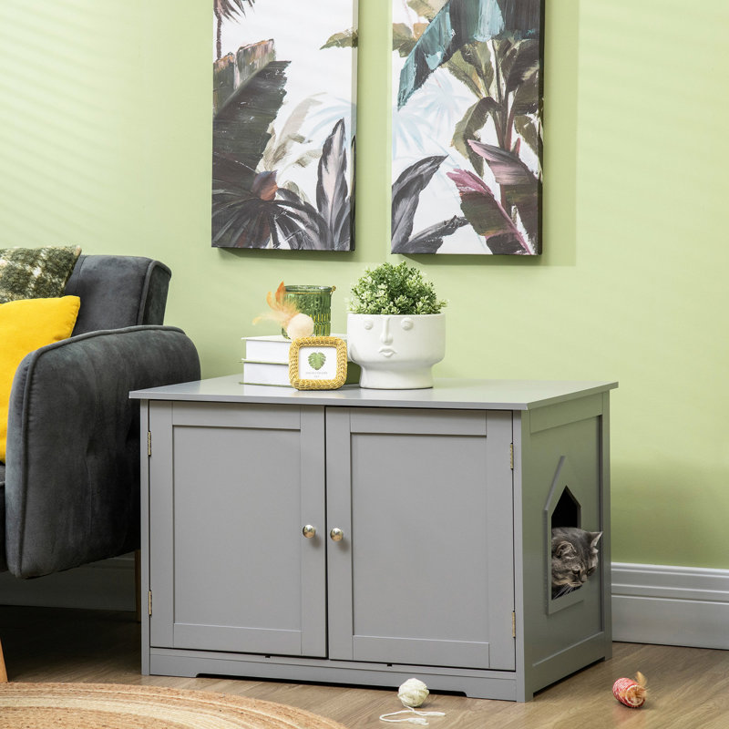 Table de bout pour salle de bain pour chat gris foncé avec cloison réglable et tablette cachée pour litière pour chats jusqu'à 11 lb, intérieur gris, espace de rangement dissimulé