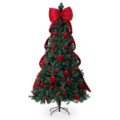 7.5 FT Lighted Artificial Christmas Tree With With Giant Bowknot And Red Ball Ornaments