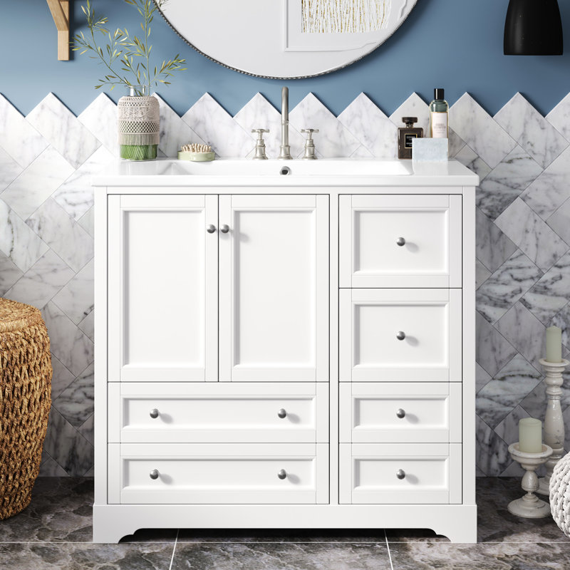 Meuble-lavabo de 36 pouces avec structure en bois massif, 4 tiroirs, grand casier et portes à fermeture douce, évier en résine blanc lisse, bois autoportant, tablette de rangement, conception élégante facile à entretenir