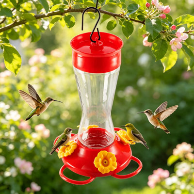 Mangeoire à colibri avec abeille, port d'alimentation en plastique à fleurs jaunes, mangeoire en verre nectar à taille pincée pour jardin extérieur