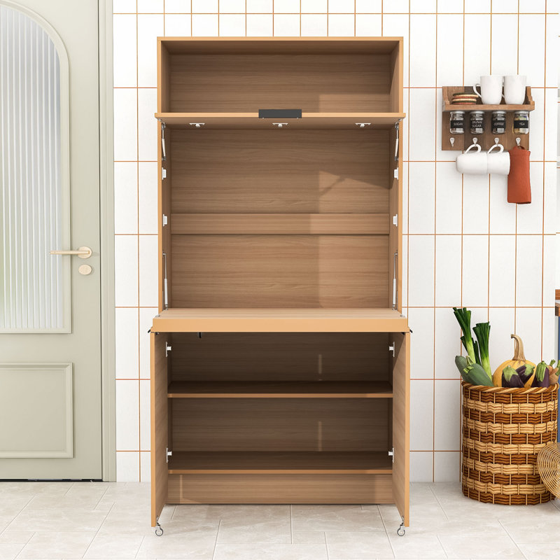 Armoire de cuisine moderne avec portes rabattables, station de charge intégrée et tablette réglable, Naturel