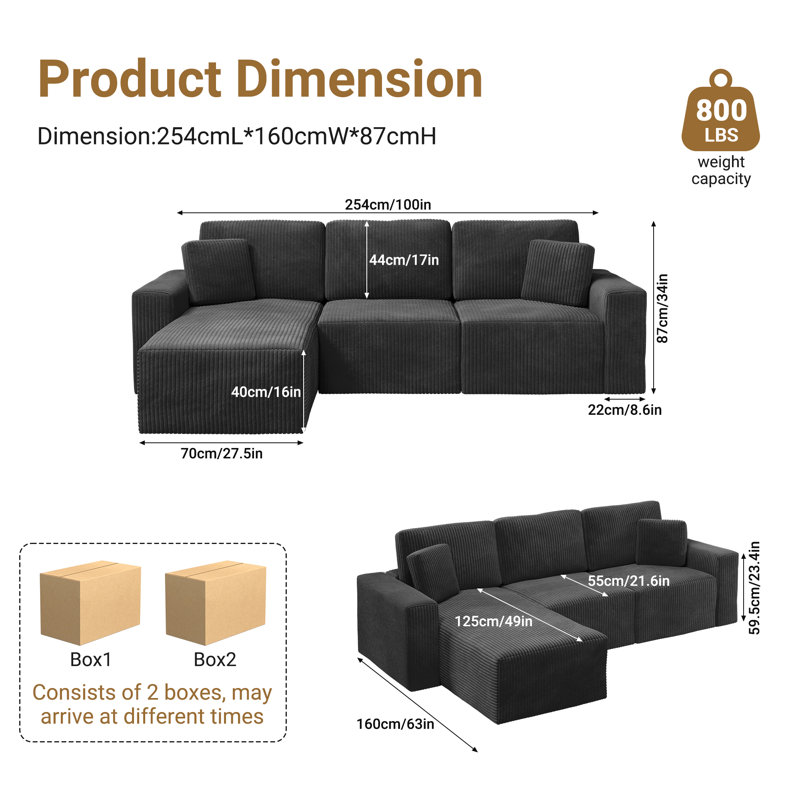 100-inch Corduroy L-shaped Sectional 3-person Modular Cloud Sofa, Black Corduroy